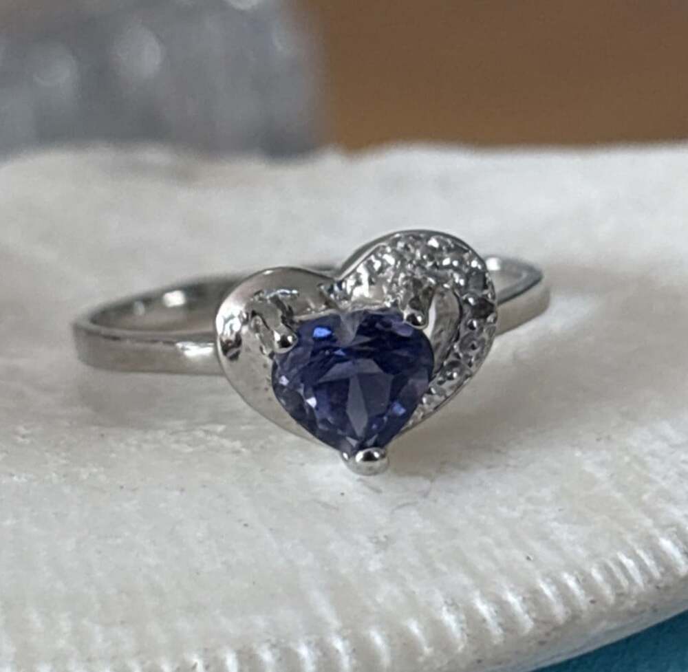 Natural Iolite & Diamond Heart Ring Sterling Silver 925 Size 7 Dainty